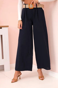 Women's wide linen trousers with a belt ART9806 - 1 / – Navy blue цвет / color | Lexline Fashion