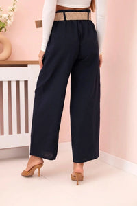 Women's wide linen trousers with a belt ART9806 - 1 / – Navy blue цвет / color | Lexline Fashion