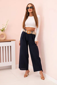 Women's wide linen trousers with a belt ART9806 - 1 / – Navy blue цвет / color | Lexline Fashion